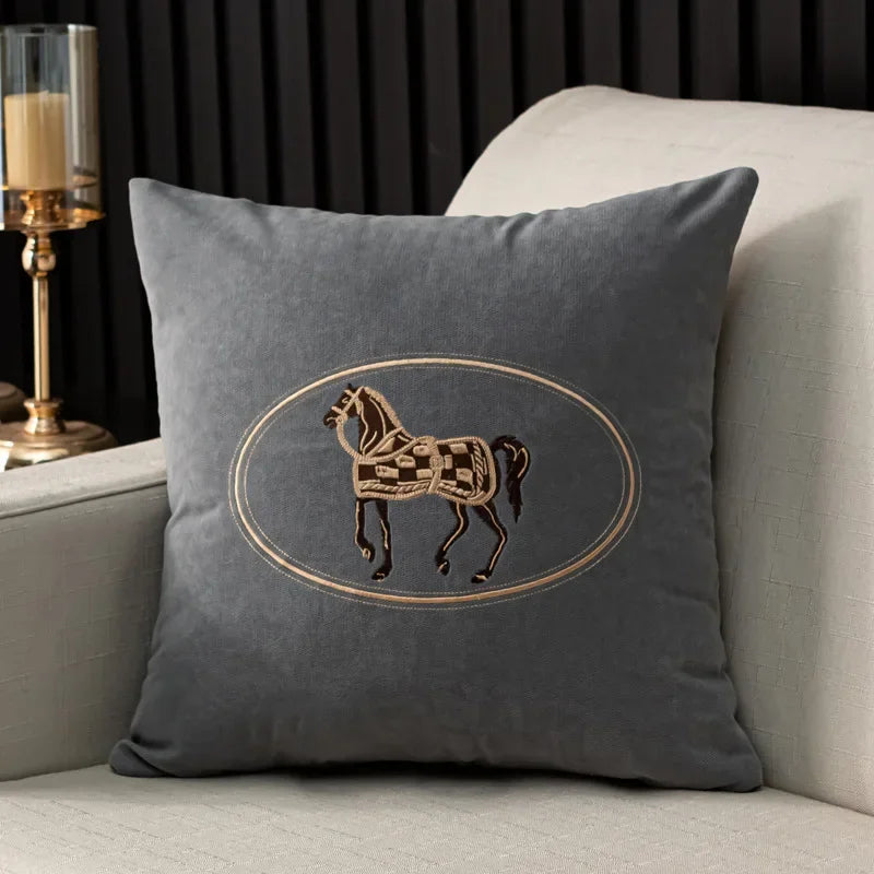 Elegant American Hand-Embroidered Cushion Cover with Horse Design, Perfect for Sofa Home Office Living Room or Car Size 45x45cm